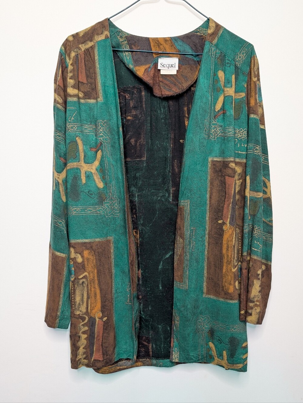 80s Forest Green & Multi Browns Art Theme Open Style Light Weight Jacket Duster